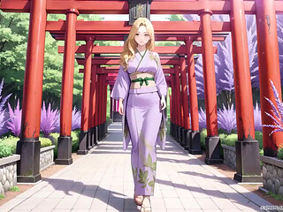 Blonde in Lavender! Kneeling Barefoot Under the Red Torii Gate, Her Andouf Fluttering in the Breeze