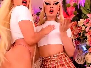 Two hot ladyboys jerking their cock on cam