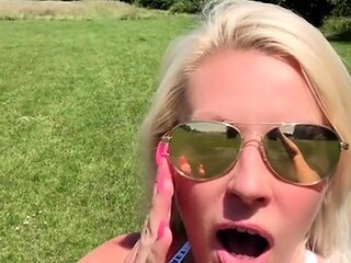 Busty blonde babe masturbates pussy with big dildo