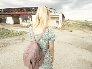 Risky Public: Girl sucks a stranger in an abandoned spot, taking that load like a pro!