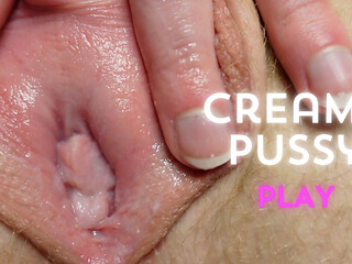 Playing with My Creamy Big Labia Pussy Closeup