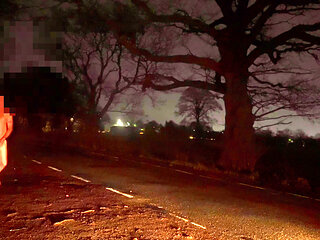 Jerking my big cock naked and barefoot in public road