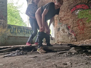 Dominatrix girl outdoor without mercy fucked strapon her slave man in the ass in the forest dangerous public in abandoned building