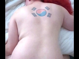 MtF Asian American Redhead trans female sucks dick and takes anal creampie