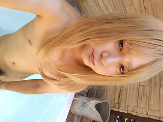 A cross-dressing boy masturbated naked in a room with an open-air bath and it felt good!