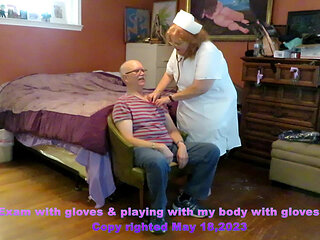 Nurse Vicki Exams a New Home Patient and Later Performs a Glove Strip Tease