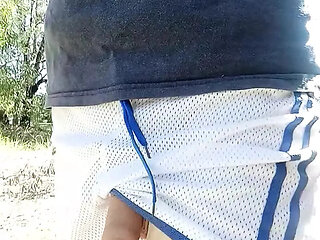 Walking around soft in ultra see thru mesh shorts so small my dick keeps coming out .. let's just sag that cock out then!!