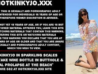 Hotkinkyjo in sparkling scales dress take bottle in butthole &amp_ anal prolapse at the beach