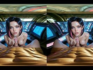 Cyberpunk streamer gets her huge tits out while sucking massive cock