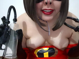 Cute Trans Elastic Mommy Tit Slap and Lactating after Pumping her Tits with Vacuum Milking Machine