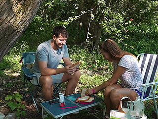 European wife enjoys dirty talk while camping