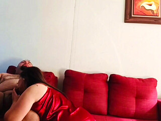 Stepdaughter in Red Lingerie Gets on All Fours and Gets Fucked Hard by Her Stepdad on the Couch