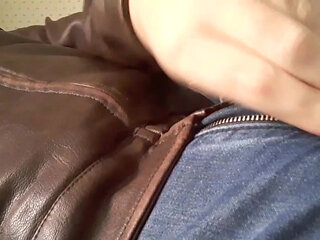 Edge and Cum on New Brown Leather Jacket