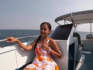 Asian amateur duo bask in the sun on a luxe yacht, passionate PDA and wild sex under the open sky