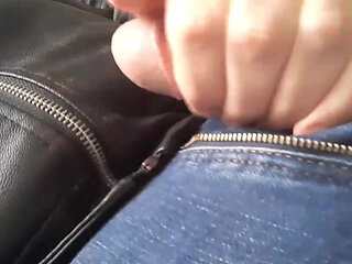 Cumming on a leather jacket