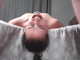 Girl Drink Piss Upside Down with Lip Retractor