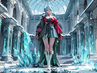 Ice Throne! Silver-haired Mage in Red-green Gown Kneeling, Blue-haired Partner Teasing in Realm!