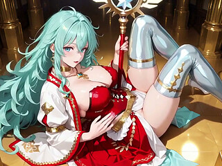 Golden Hall Fantasy! Green-haired Knight in Red-white Armor Kneeling, Teasing with Floating Magic Books - Divine Meets Carnal!