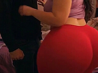 Big Ass Girl in Tight Red Leggings Gets Pressed Hard from Behind