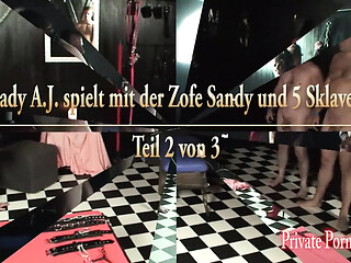 Lady A J plays with her slave Sandy and four other slaves in this explicit
