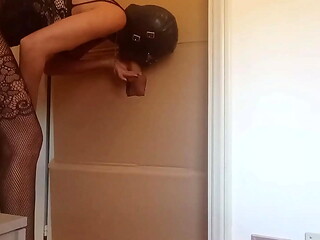 Preview - In a nylon catsuit and high heels I suck a cock and fuck it in a gloryhole until it cums in my mouth
