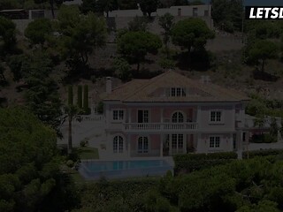 Step-sisters enjoy lesbian sex by the pool in a romantic setting.