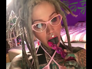 Glasses &amp_ Fur Lingerie Tattooed Cutie Creams on Her Dildo