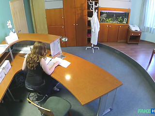 Hot redhead Helen sucks cock for job security in hospital office