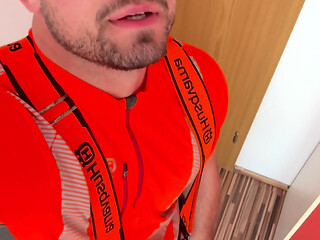 Lumberjack in Hivis Jerks His Huge Cock and Muscle Worship