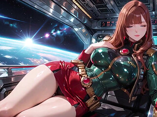 Redhead Commander in Green Sci-fi Uniform! Lazy, Teasing Vibes While Playing with Candlelight on the Spaceship Bridge.