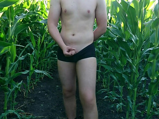 Guy Strips to Underwear in Cornfield and Jerks Off