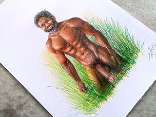 Erotic Art Or Drawing of A Muscular Indian Desi Man exhibition his Big Black Cock outdoors among the Grasses