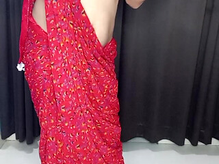 Gorgeous sexy red saree wearing like my stepmom sexy figur