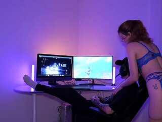 Petite redhead with a great ass plays with her gamer bf
