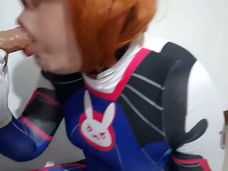 Trams girl with Dva Cosplay and BDSM Nosehook Giving a Blowjob, Eating Cum and Deepthroat to Big Dildo