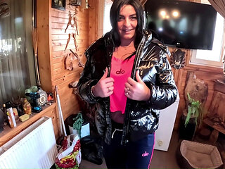 Glossy Downjacket Cum Play. Sloppy BJ, Doggy and Triple Cum on My Ass