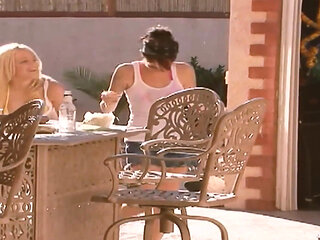 Lesbians in Heat Scene-1_trio of Lesbian Goddesses Sharing a Double Dildo in the Backyard