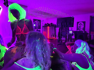 Neon All Girl Gangbang - Lesbian Orgy with Big Silicone Tits & Pussy Licking