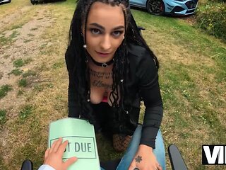 Tattooed Pierced Nipple Brunette Begs Strangers for Woods Fuck