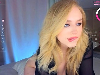 Blonde Neighbor Babe with Big Tits Teases Breasts on Bed Before Hot Masturbation Show