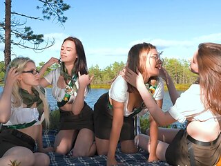 Shaved pussy of teen girls Alexis Willson and Sofia Sey get licked by Eva Murkovski.
