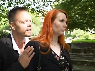 German mature milf with orange-red hair gives a dirty talk while getting