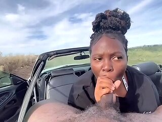 Ebony BBW Sloppy Head Outside Gets Caught By Police - Cum Swallow