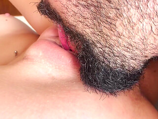 Intense CloseUp Pussy Eating, Bearded Guy Makes Her Cum Hard With His Tongue