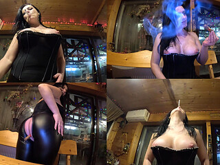 No Panties MILF in Zipper Leather Pants. Fat Cigar Anal Play and Smoking Masturbation