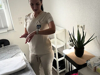 Masseuse Catches Client Jerking During Leg Massage Then Lets Him Cum on Her Oily Tits