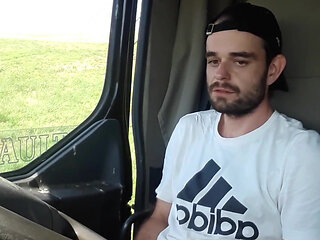Jerking off in Shorts in a Parked Truck and Smoking a Cigarette