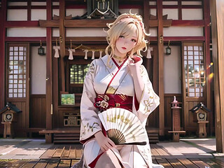 Kneeling under the Torii gate in a beige modified kimono, she touches her chest and traces her collarbon