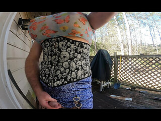 Giant fake tits crossdresser Jon Scarecrow watching crossdresser Jon Scarecrow photoshoot and cumming