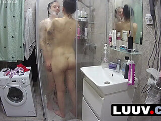 LUUV. Cunnilingus and female orgasm after shower on camera reality show